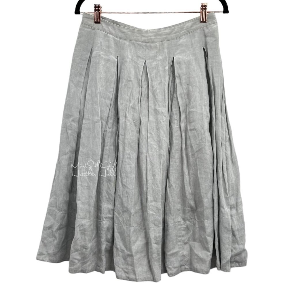Gray Pleated Midi Skirt 100% Linen with Back Zipper Closure Size 28